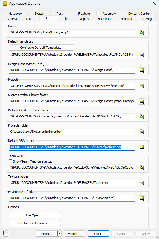 Application options dialog